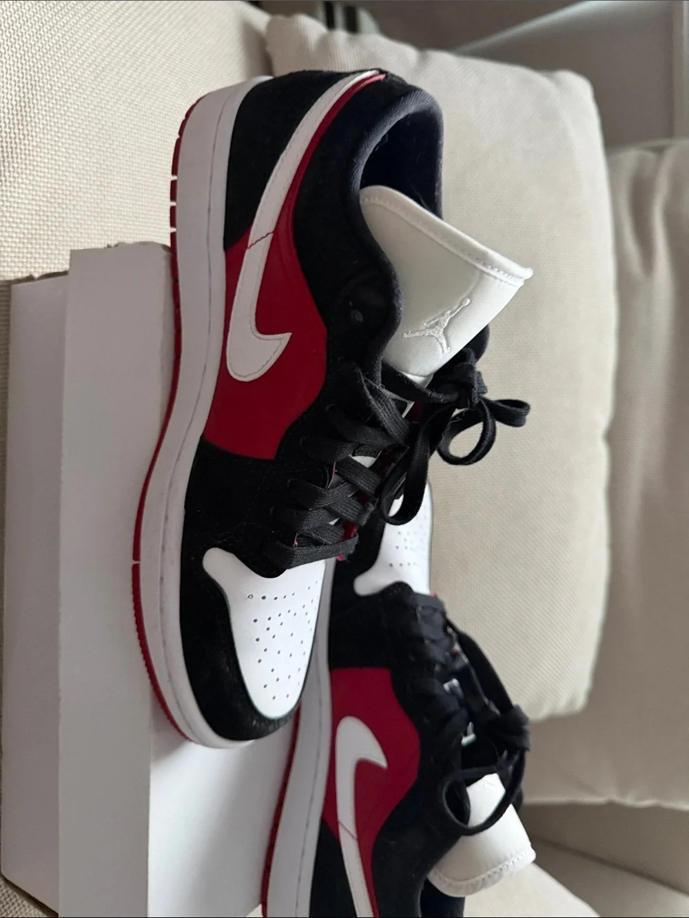 Jordan Low-Top Sneakers in White, Black & Red